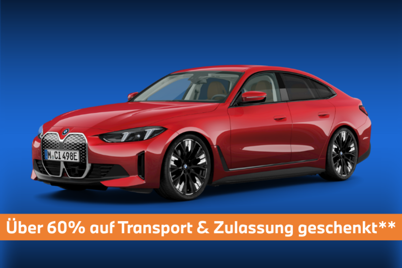 BMW i4 eDrive35 in Rot vor blauem Hintergrund, seitlich frontal abgebildet. Im unteren Bildbereich steht: „Über 60?% auf Transport & Zulassung geschenkt**".