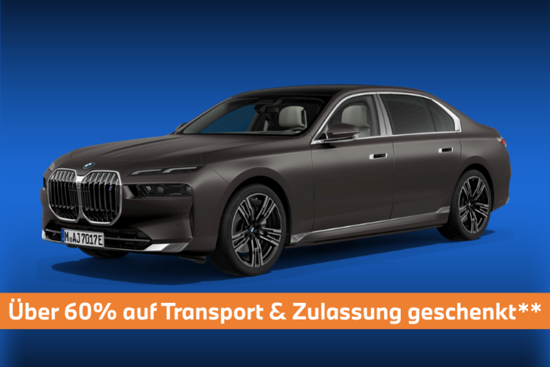 BMW i7 eDrive50 in Dunkelbraun, seitlich abgebildet vor dunkelblauem Hintergrund. Bildtext: „Über 60?% auf Transport & Zulassung geschenkt**".